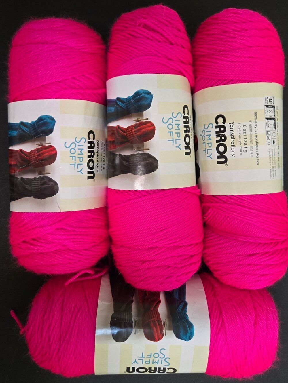 Caron Simply Soft Yarn - Neon Pink Skein, 4 Skeins